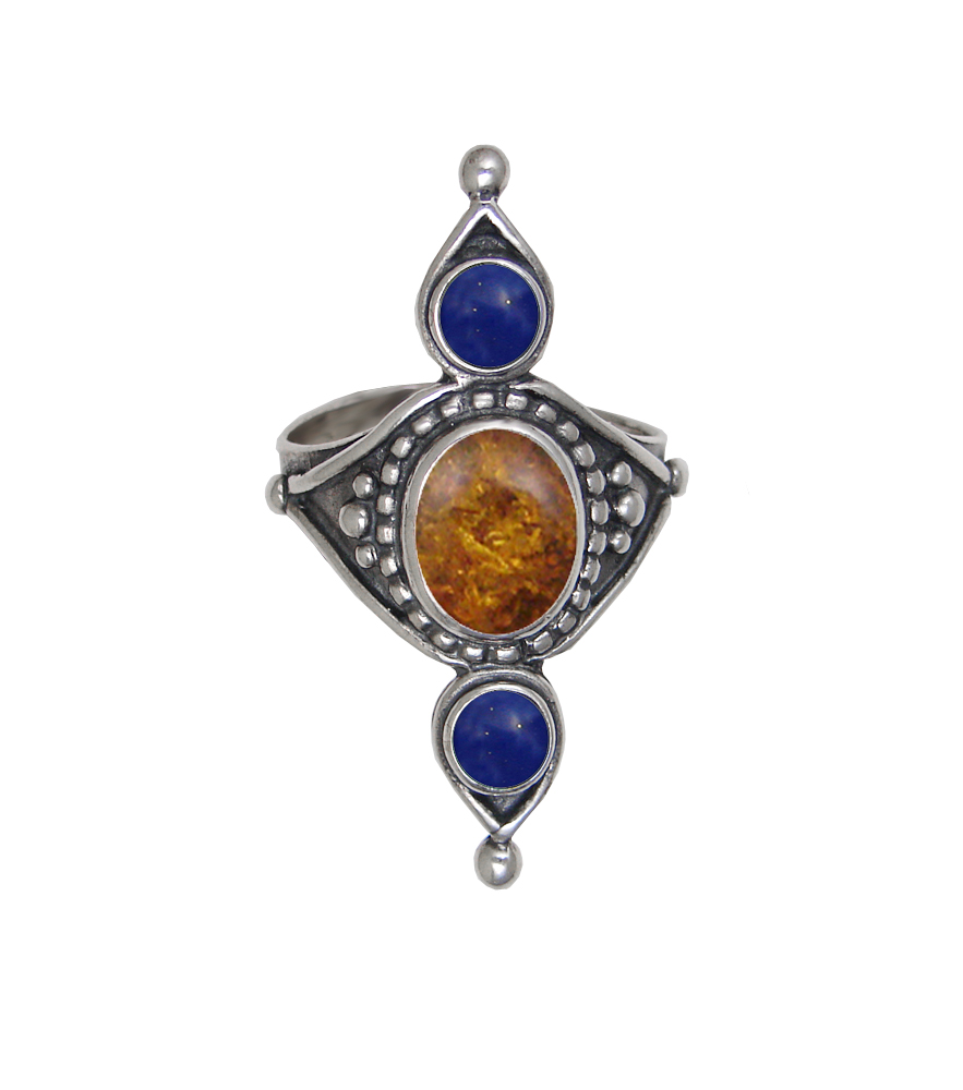 Sterling Silver Royal Ring With Amber And Lapis Lazuli Size 6